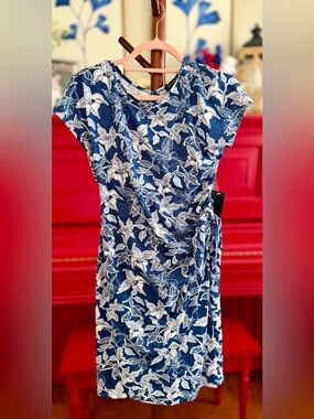 PETITE Small Navy Blue Floral Wrap-Style Dress